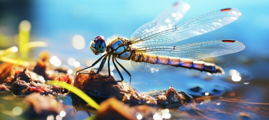 Closeup dragonfly on stream. Generative AI technology.