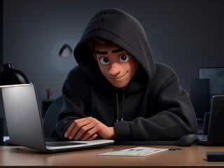 A carton style young boy sitting in a studio, looking in camera, wearing black hoodie, desk with a laptop and desk, in a dark office setting