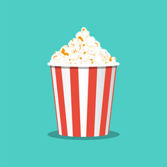 Popcorn box icon flat style. Tasty popcorn in a big red and white paper box. Snack food to watch movies. Vector illustration flat design. Isolated on white background. - obrazy, fototapety, plakaty
