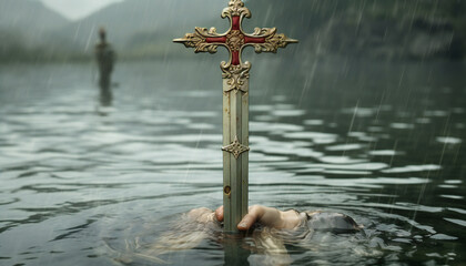 Artistic recreation of the legendary sword Excalibur wielded by the lady of the lake