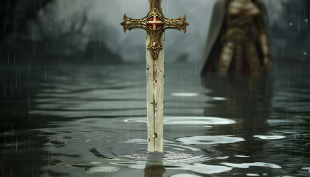 Artistic recreation of the legendary sword Excalibur coming out lake