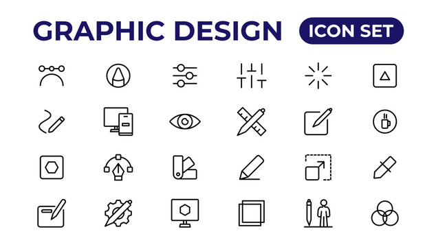 Thin line icons of graphic design. Simple linear icons in a modern style flat, Creative Process. Graphic design, creative package.