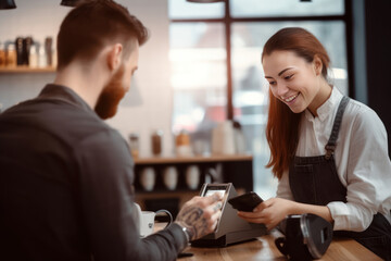 Smiling barista using credit card reader to pay for coffee in cafe - obrazy, fototapety, plakaty