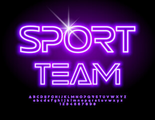 Vector glowing sign Sport Team with Purple Neon Alphabet Letters and Numbers set. Illuminated abstract Font