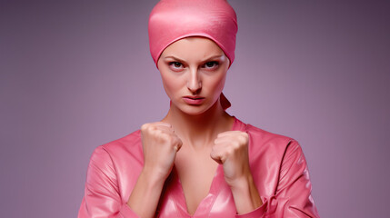A woman with a pink scarf on her head due to chemotherapy with her fists clenched in an aggressive attitude against cancer, Copy space