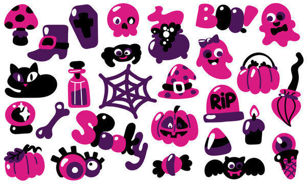 A great Halloween set in pink, purple and black colors with crazy elements. Halloween items poison, hat, shoe, pumpkin, candy, spider, potion, cat, candle, tombstone, coffin. Cartoon, Flat, vector