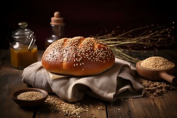 Sesame-topped bread loaf on rustic table. Generative AI