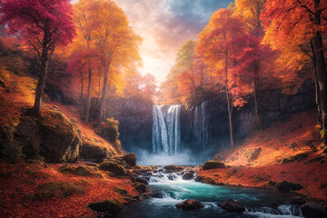Fototapeta na wymiar waterfall in colorful nature forest,