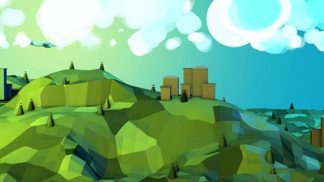 Sunny Valley. Polygonal design. View of the mountains and the town.