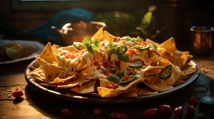 Delicious cheese nachos with salsa, guacamole, and sour cream on a wooden table - obrazy, fototapety, plakaty