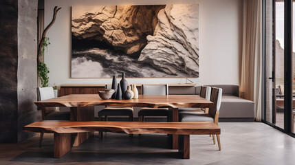 Live edge dining table and rustic wooden bench. Interior decoration