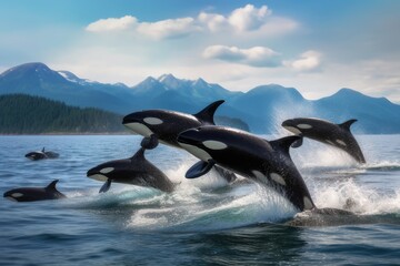 Obraz premium A pod of orcas is jumping out of the water in a majestic display.
