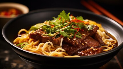 Delicious beef noodles with fresh vegetables and herbs in a bowl on a wooden table