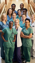 A United Front in Healthcare  Medical Staff Team, a Harmonious Blend of Doctors and Nurses, Standing Together in a Hospital Setting