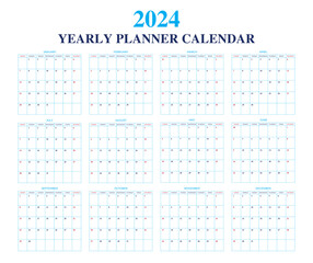 2024 Calendar design and yearly planning templates with Saturday and Sunday red-marked vector.
