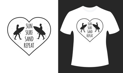 Sun surf sand repeat t-shirt design in a love outline with people holding surfboard silhouettes.