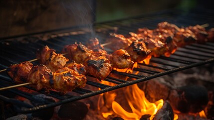 Delicious Chicken Tikka Skewers with Spices and Herbs Grilled over Charcoal Fire - obrazy, fototapety, plakaty