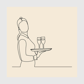 recommend clip art: continuous single line sketch hand drawn drawing of waiters holding order glass drink tray for customer. One line art concept of restaurant worker. Vector illustration
