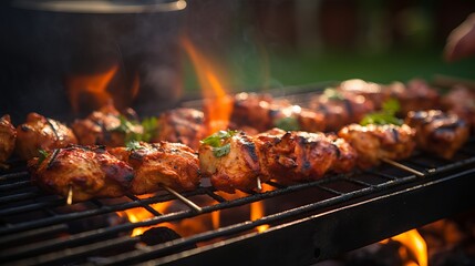 Delicious Chicken Tikka Skewers with Spices and Herbs Grilled over Charcoal Fire - obrazy, fototapety, plakaty