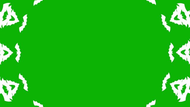 Animated white bats fly out from center of screen. Looped video. Concept of Halloween, Black Friday. Flat vector illustration isolated on a green background.