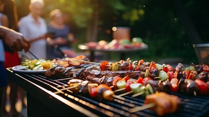 Friends and Family Enjoying Barbecue Party in Cozy Backyard with Stone Grill and Picnic Tables - obrazy, fototapety, plakaty