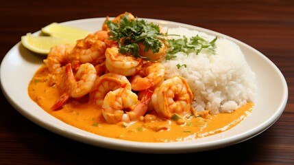 Delicious Coconut Shrimp Curry with Rice and Cilantro on a White Plate