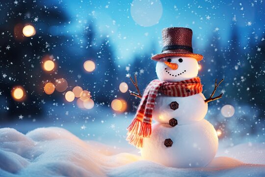 Winter holiday christmas background banner - Closeup of cute funny laughing snowman with wool hat and scarf, on snowy snow snowscape with bokeh lights
