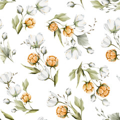 Seamless watercolor pattern with delicate wild cloudberries, leaves, branches. Botanic tile, background. Perfect for wrapping, textile, wallpaper