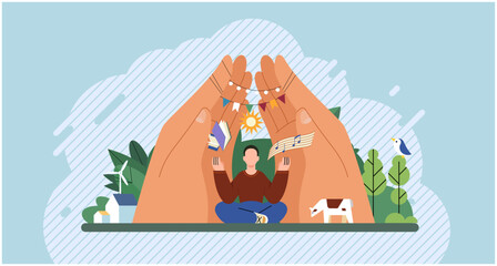 Wellbeing metaphor. Vector illustration. Humcare, nurturing soil for positive work environment Wellbeing at work, key to unlocking employee potential Support of professional growth, compass guiding