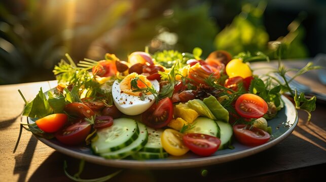 Fresh and Healthy Salad with Avocado, Tomato, Cucumber, and Feta Cheese on a Wooden Table