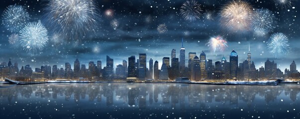 Happy new year snowy city with fireworks Generative AI