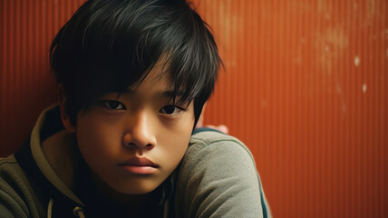Light toned stock photo. worried asian 14 y boy generative ai - obrazy, fototapety, plakaty