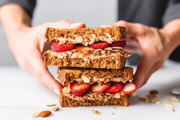 hand holding a delicious-looking almond butter whole grain toast sandwich - obrazy, fototapety, plakaty