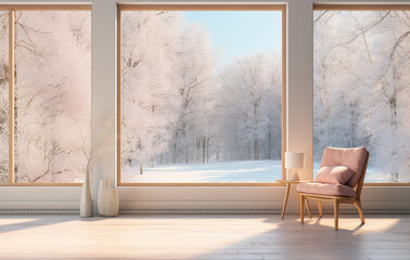 Empty living room with a snowy scene in the background