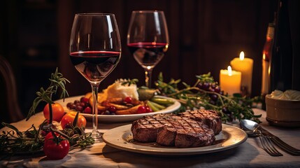 Romantic dinner for two with grilled steaks, roasted vegetables, and red wine on a wooden table