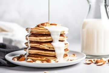 almond milk drizzling on a stack of pancakes - obrazy, fototapety, plakaty