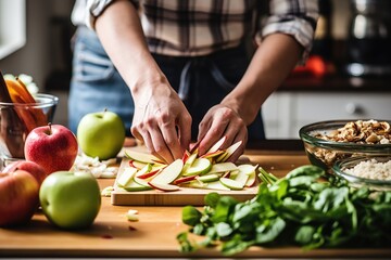 hand preparing a homemade apple and almond salad in a kitchen - obrazy, fototapety, plakaty