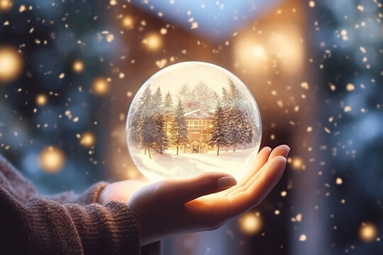 Hand holding Tiny cute christmas contained within a sphere glass bottle on snow background.Merry Christmas and Happy new year concept.