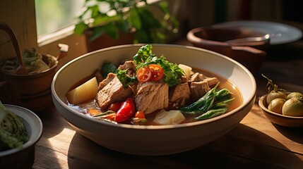Pork Sinigang, a Traditional Filipino Sour Soup with Vegetables, Served in a White Bowl on a Rustic Wooden Table, Food Photography