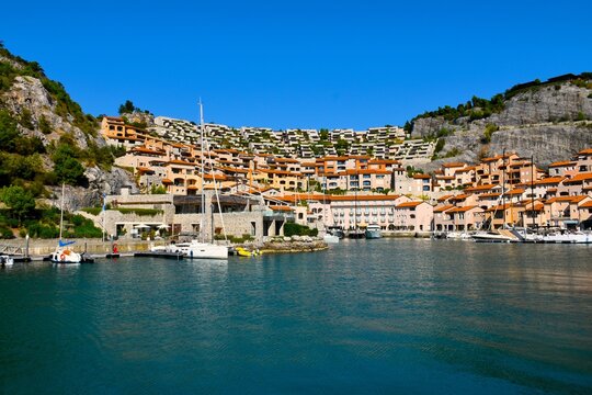Tourist village at the coast of the Adriatic sea at Portopiccolo Sistiana in Duino-Aurisina near Trieste, Italy