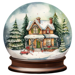 Watercolor Vintage Christmas in Cozy Winter House Snow Globe Festive Watercolor Clipart for Holiday Decorations, isolated On A White Background