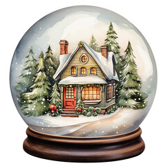 Watercolor Vintage Christmas in Cozy Winter House Snow Globe Festive Watercolor Clipart for Holiday Decorations, isolated On A White Background