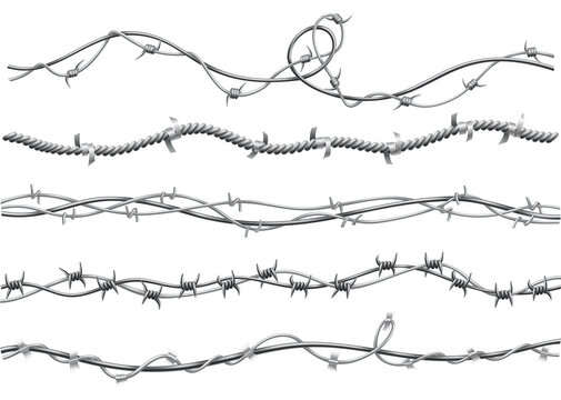 Barbed wire set. Fencing strong sharply pointed elements, twisted around, art pattern. Industrial barbwires, protection concept design. Modern metallic sharp elements for area protection