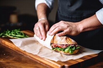 hand wrapping a baguette sandwich in paper - obrazy, fototapety, plakaty