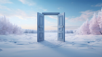 A frame with the doors open in the middle of a snowy dreamy winter landscape