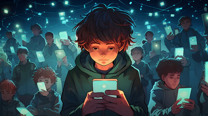 Young boys absorbed with cell phones. Concept of dependence on technology, children hooked on mobile, smartphone addiction, addicted to screens or devices and excessive phone use. - obrazy, fototapety, plakaty