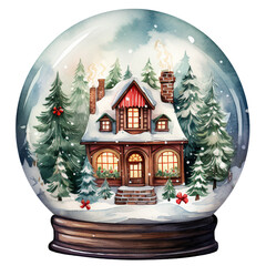 Watercolor Vintage Christmas in Cozy Winter House Snow Globe Festive Watercolor Clipart for Holiday Decorations, isolated On A White Background