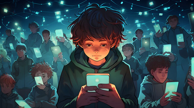 Young boys absorbed with cell phones. Concept of dependence on technology, children hooked on mobile, smartphone addiction, addicted to screens or devices and excessive phone use.