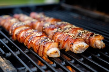 grilled pork belly topped with sesame seeds on a charcoal grill