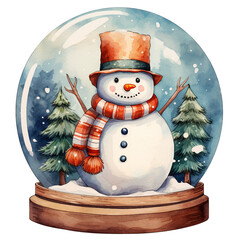 Watercolor Vintage Christmas in Cozy Winter House and Snowman in a Snow Globe Festive Watercolor Clipart for Holiday Decorations, isolated On A White Background